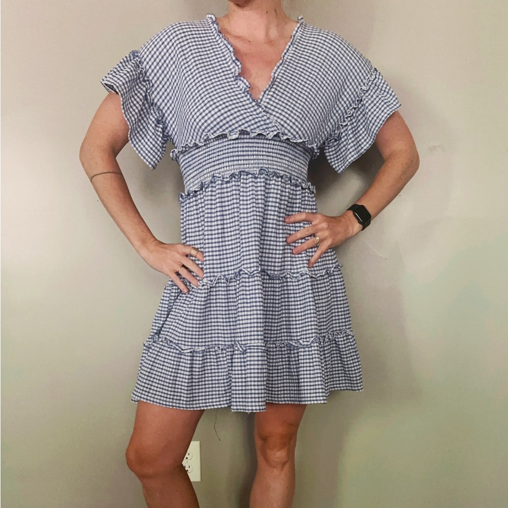 Max Studio Smocked Gingham tiered Dress Blue ruffle loose sleeves